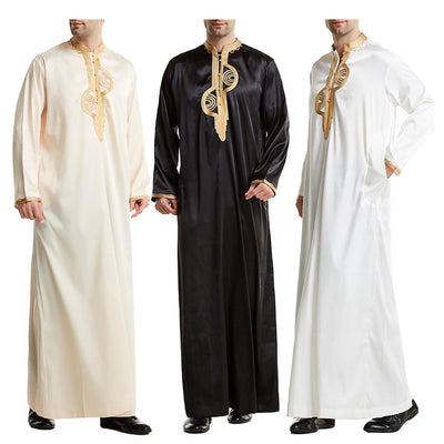 Men Muslim Islamic Kaftan Arabic Embroidery Long Sleeve Stand Collar Robes Vintage Dubai Caftan Men Jubba Thobe S-3XL