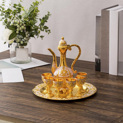 Vintage Metal Coffee Pot Set Turkish Tea Set with 6 Luxury Coffee Cups & Craft Tea Tray Teapot