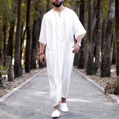Vintage Loose Muslim Caftan Robes Men Long Sleeve Fashion Jubba Thobe Man Leisure Solid Color Pattern Islamic Clothing