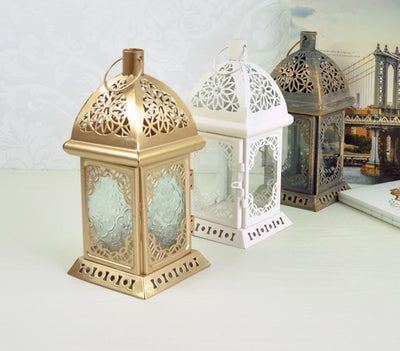 Vintage  Metal Moroccan Style Candlestick Glass Crystal Candle Stand Light Holder