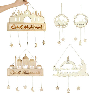 5pcs Wooden Eid Mubarak Pendant Islam Muslim Festival Party Ornaments Moon Star Ramadan Decoration
