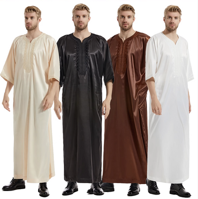 Muslim Men Kaftan Robe Satin Embroidery Jubba Thobe Arab Saudi Thoub Eid Ramadan Turkish Islamic Abaya Dress Traditional Clothes