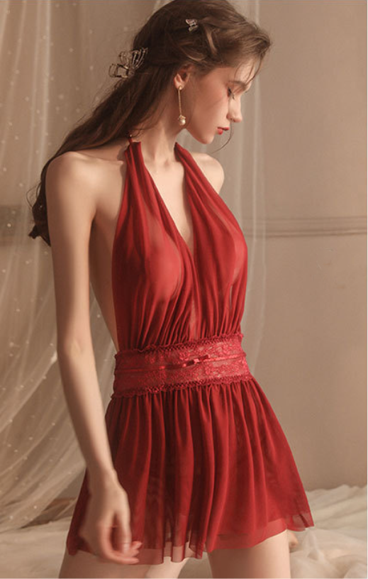Deep V-Neck Halter Backless Mesh Nightdress Perspective Sexy Home Pajamas