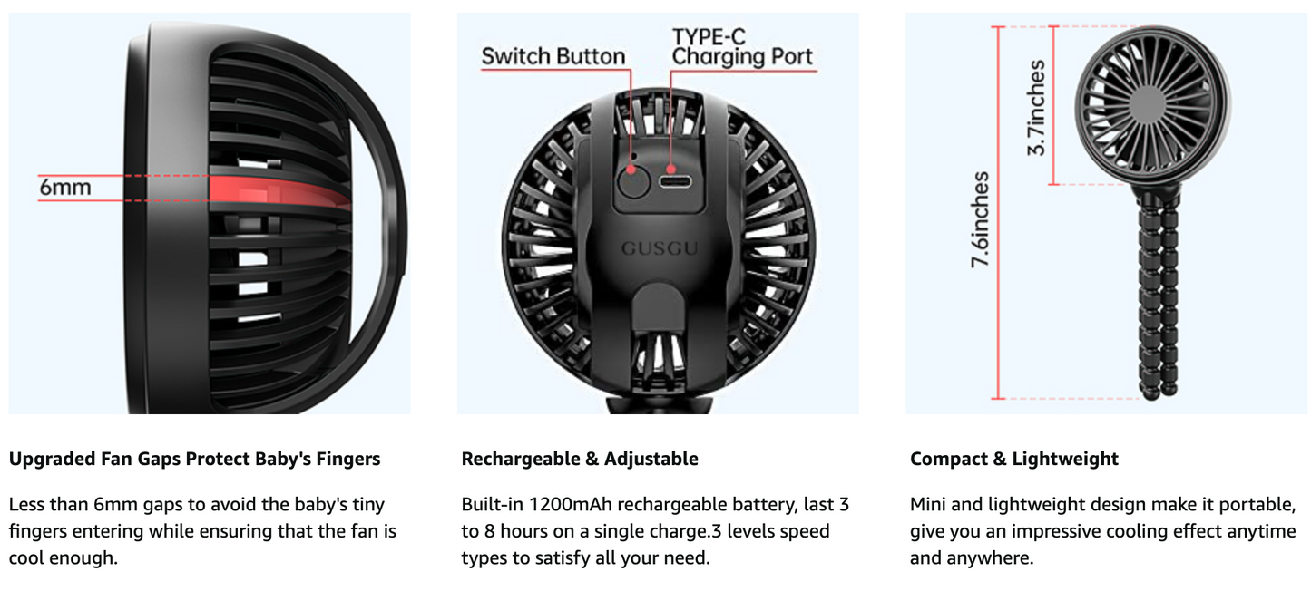 Portable Fan Battery Operated, Small Stroller Fan with Flexible Tripod Clip-on for Baby, USB Rechargeable and Handheld Cooling Fan for Travel, Car Seat, Camping, and Bedroom
