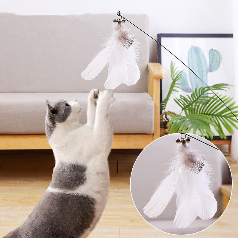 Pets Toy Funny Simulation Feather with Bell Stick Toy for Kitten/Puppy Playing Teaser Wand Steel Wire Toy