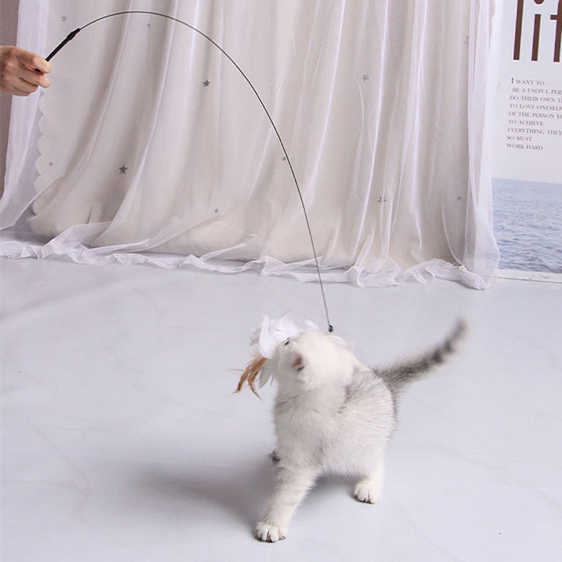 Pets Toy Funny Simulation Feather with Bell Stick Toy for Kitten/Puppy Playing Teaser Wand Steel Wire Toy